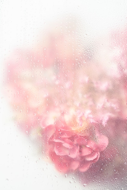 Free photo view of flowers behind transparent glass with water drops