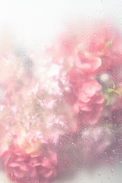 View of flowers behind transparent glass with water drops