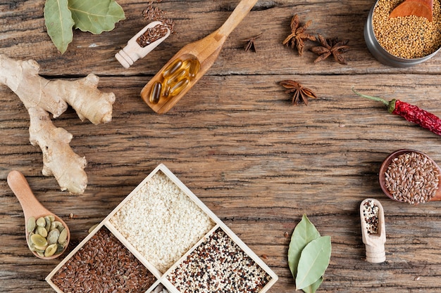 Above view food arrangement on wooden background