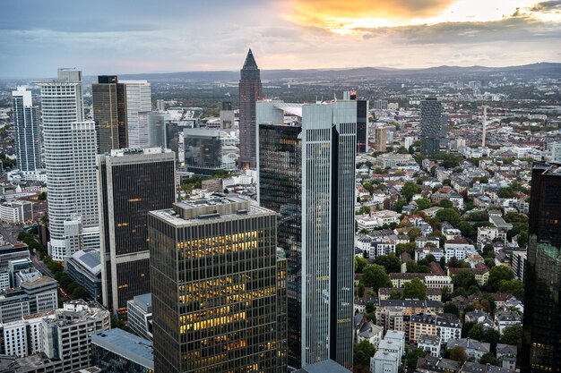 View of Frankfurt from a skyscraper at sunset Germany