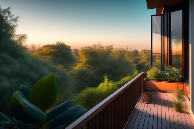 Free photo a view from a balcony of a house with a sunset in the background.