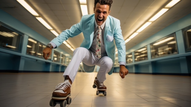 View of funny businessman on roller skates