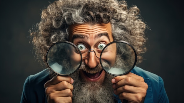 Free Photo view of funny man with magnifying glass