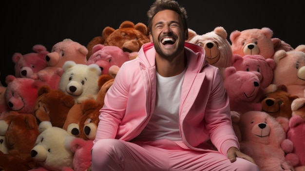 Free photo view of funny man with plush toys