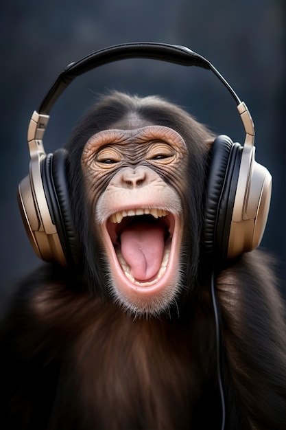 Free photo view of funny monkey listening to headphones