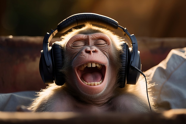 Free photo view of funny monkey listening to headphones