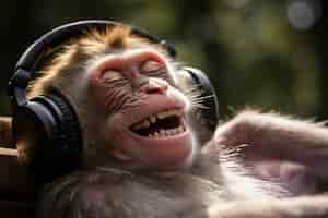 Free photo view of funny monkey listening to headphones