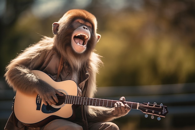 Free photo view of funny monkey playing guitar