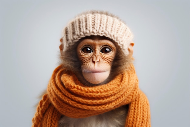 Free Photo view of funny monkey with crochet hat