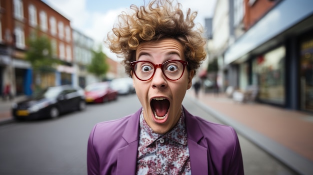 View of funny person on street with glasses