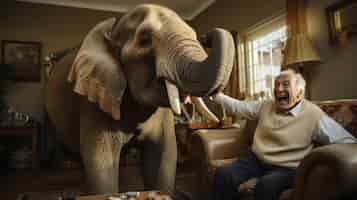 Free photo view of funny senior man with elephant in house