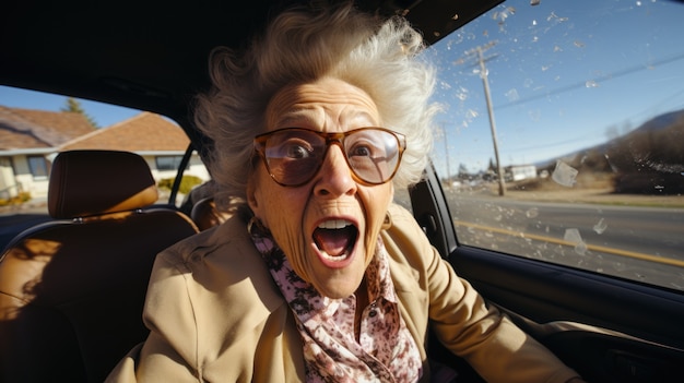 View of funny senior woman in a car