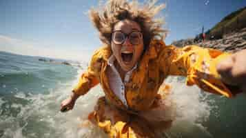 Free photo view of funny woman at the beach