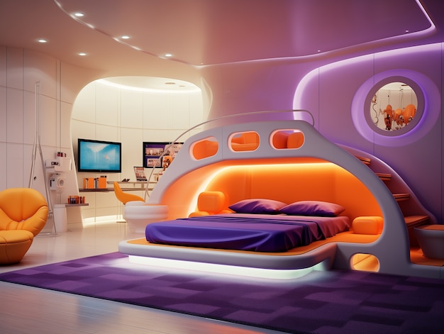 View of futuristic bedroom with furniture