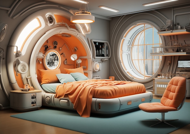 View of futuristic bedroom with furniture