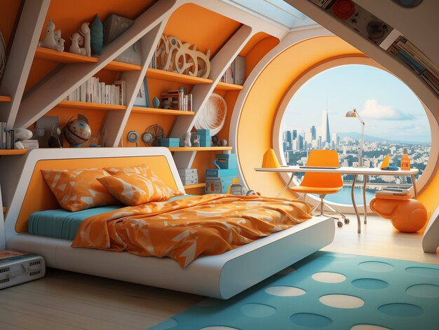 View of futuristic bedroom with furniture