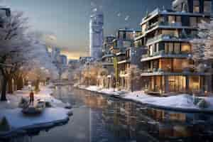 Free photo view of futuristic city in winter