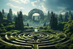 Free photo view of futuristic city with greenery and vegetation