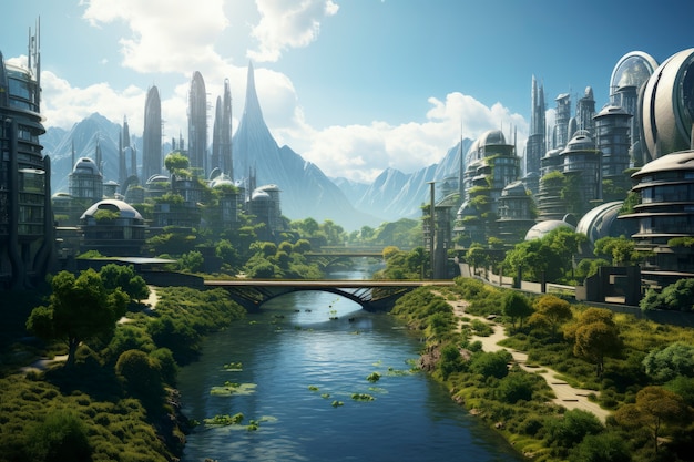 Free photo view of futuristic city with greenery and vegetation