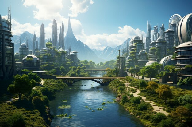 View of futuristic city with greenery and vegetation