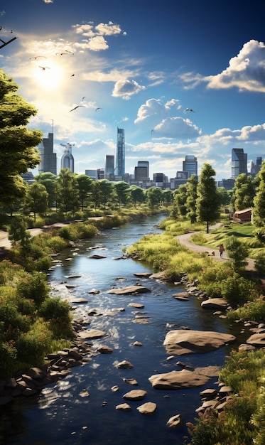 Free photo view of futuristic city with greenery and vegetation