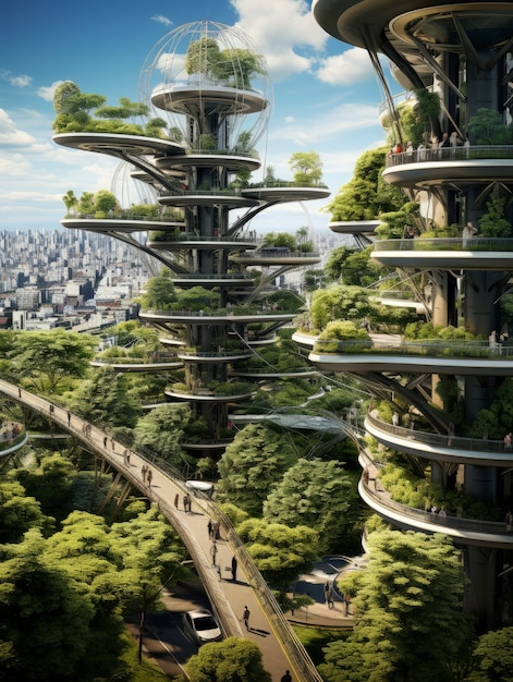 Free photo view of futuristic city with lots of vegetation and greenery