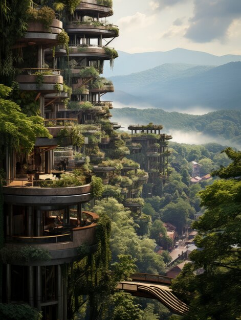 View of futuristic city with lots of vegetation and greenery