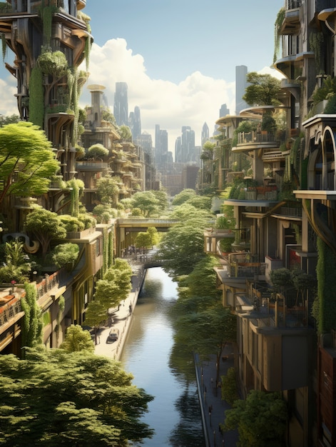 Free photo view of futuristic city with lots of vegetation and greenery