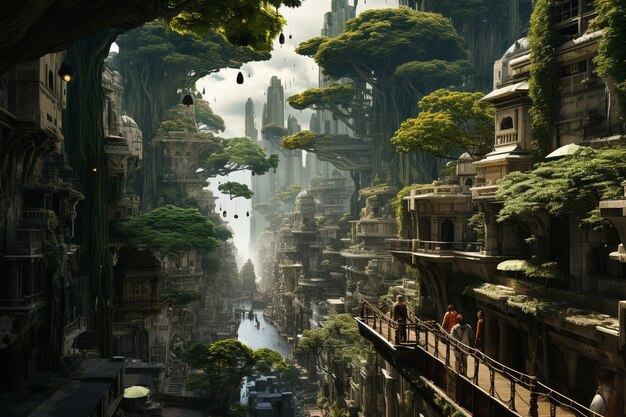 View of futuristic city with lots of vegetation and greenery