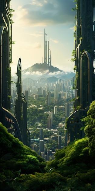 Free photo view of futuristic city with lots of vegetation and greenery