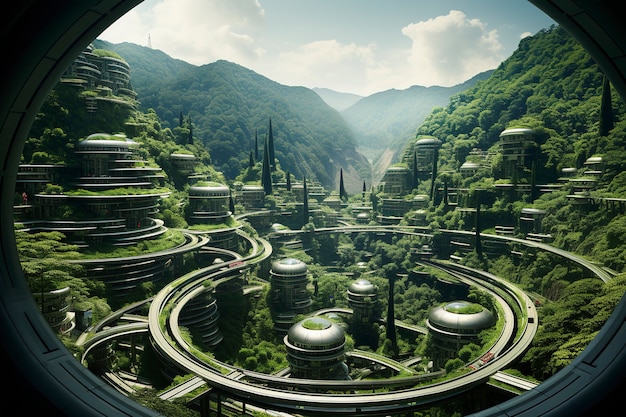 Free Photo view of futuristic city with lots of vegetation and greenery