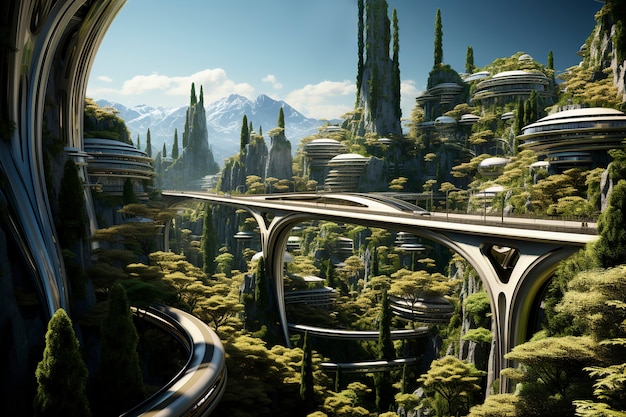 Free photo view of futuristic city with lots of vegetation and greenery