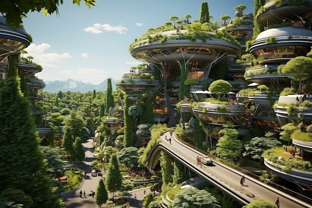 Free Photo view of futuristic city with lots of vegetation and greenery