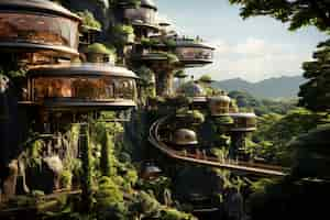 Free photo view of futuristic city with lots of vegetation and greenery