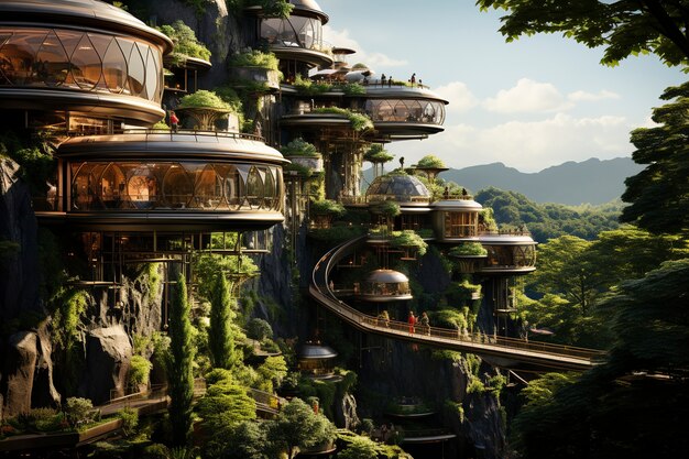 View of futuristic city with lots of vegetation and greenery