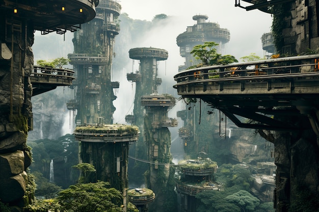 Free photo view of futuristic city with lots of vegetation and greenery