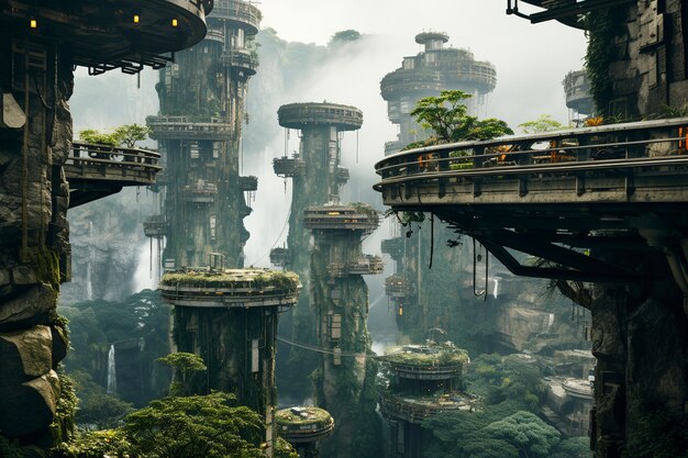 View of futuristic city with lots of vegetation and greenery