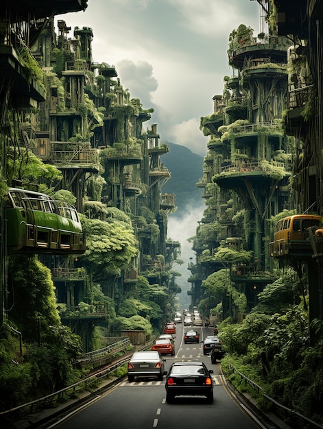 View of futuristic city with lots of vegetation and greenery