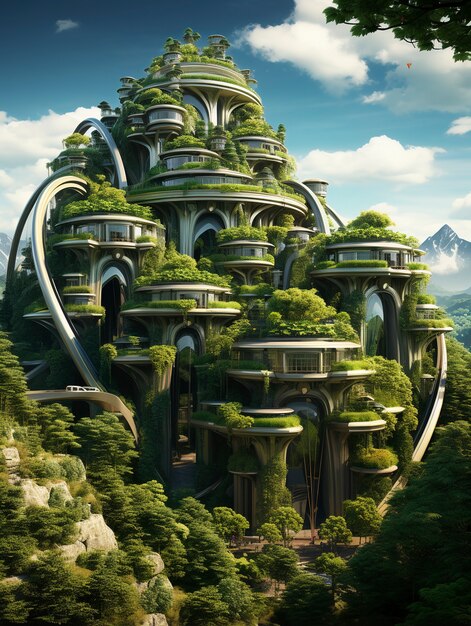 View of futuristic city with lots of vegetation and greenery