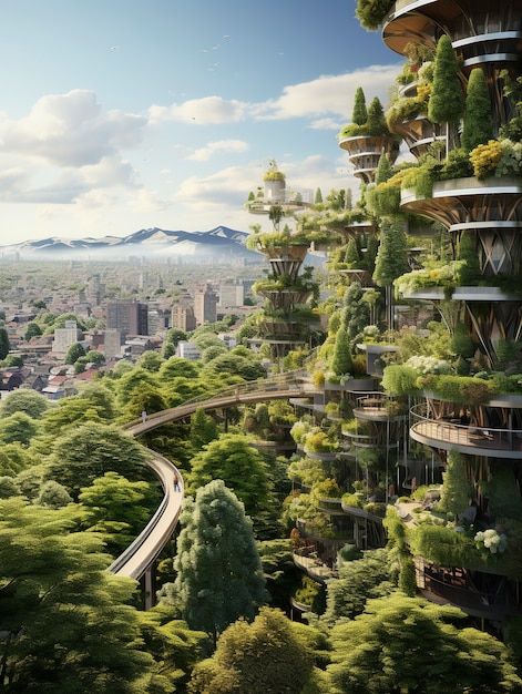 View of futuristic city with lots of vegetation and greenery