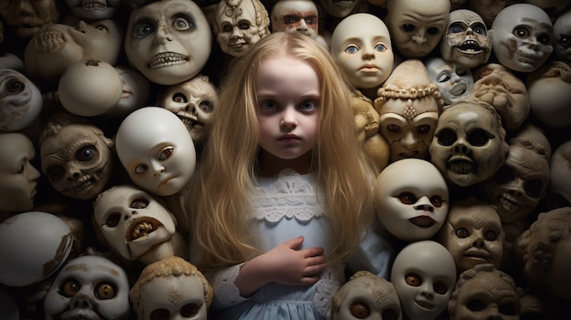 Free photo view of girl surrounded by scary dolls