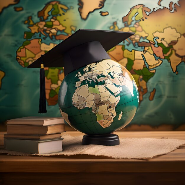 View of globe with graduation cap and books for education day