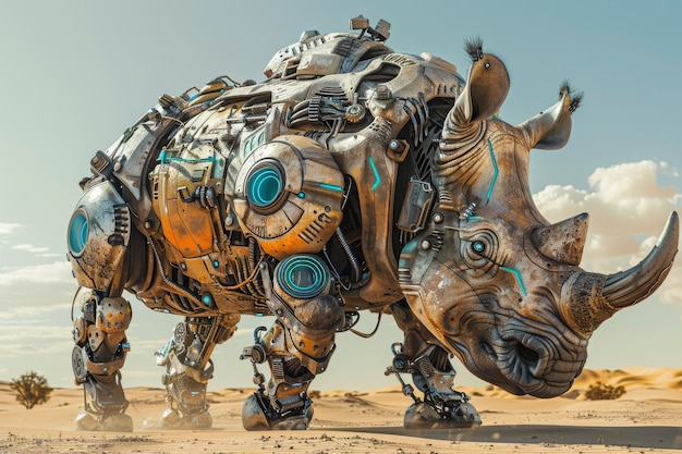 Free photo view of half rhino with futuristic robotic parts