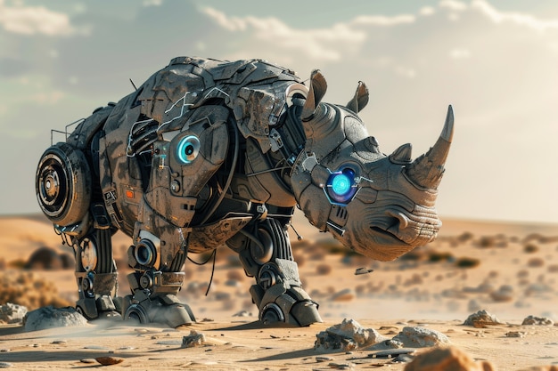 Free photo view of half rhino with futuristic robotic parts