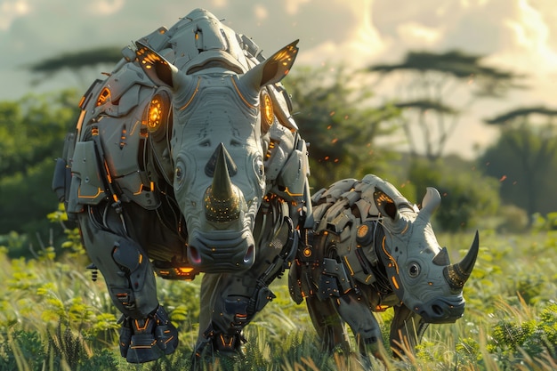 Free photo view of half rhino with futuristic robotic parts