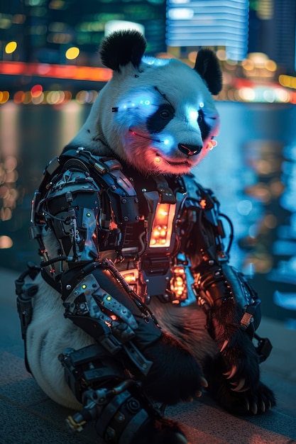 Free photo view of half robot half panda bear with futuristic parts