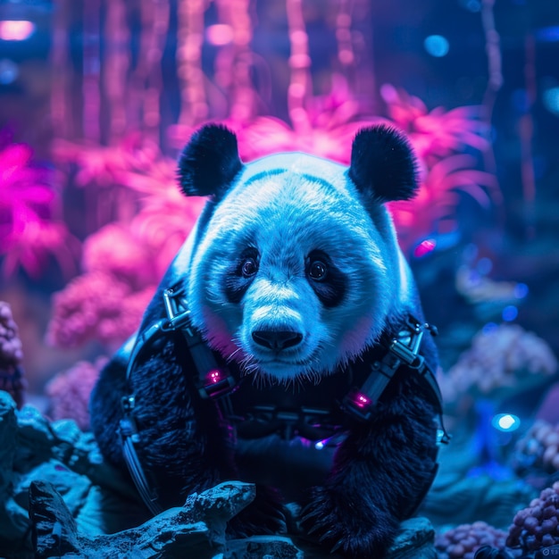 Free photo view of half robot half panda bear with futuristic parts