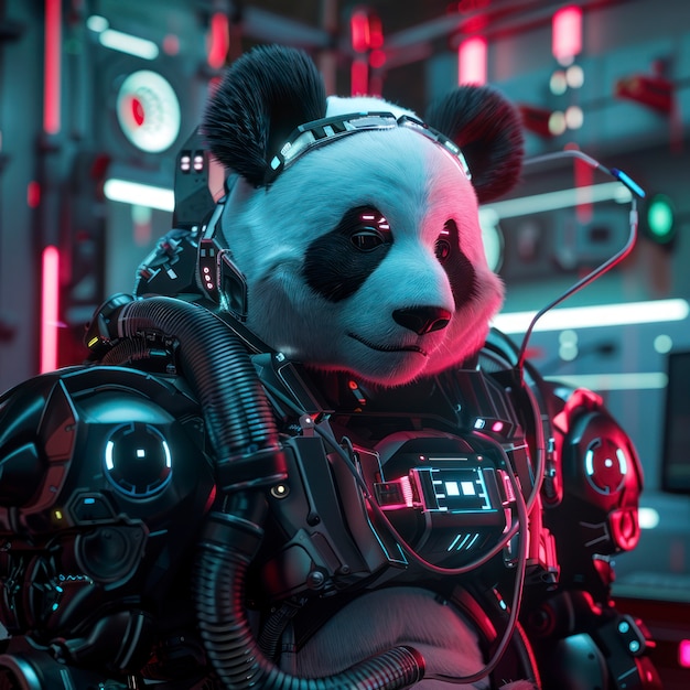 Free photo view of half robot half panda bear with futuristic parts