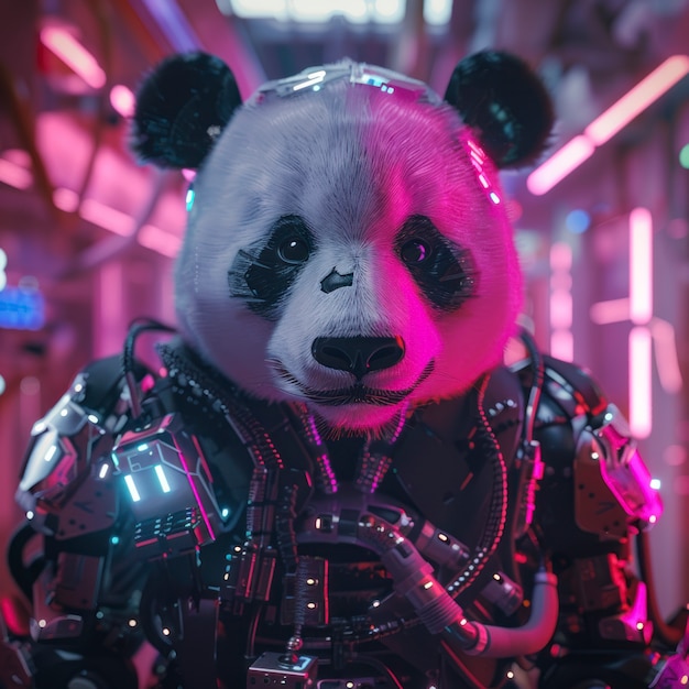 Free photo view of half robot half panda bear with futuristic parts