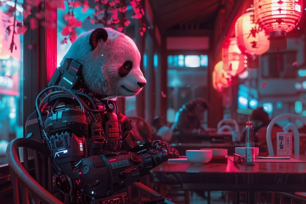 Free photo view of half robot half panda bear with futuristic parts